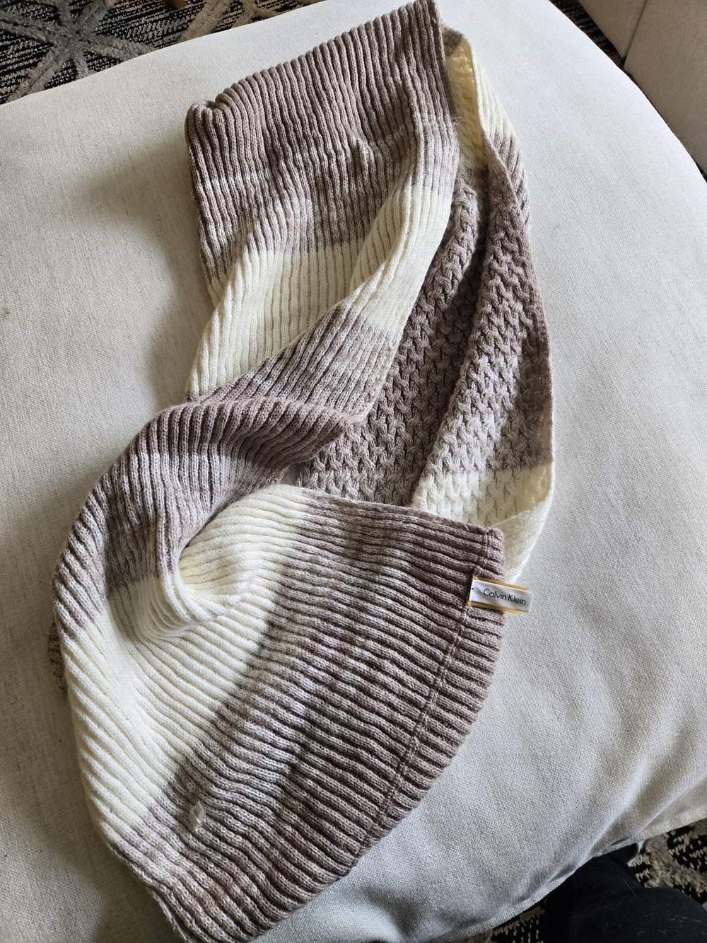 Calvin Klein Ribbed Knit Infinity Scarf - Cream & Taupe